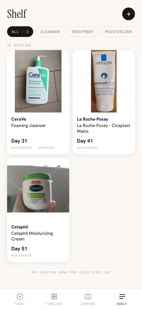 Phone mockup of the GlowProof shelf: product cards with photos and day counters